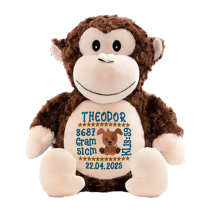 Ape bamse med navn og dato brodert på magen.