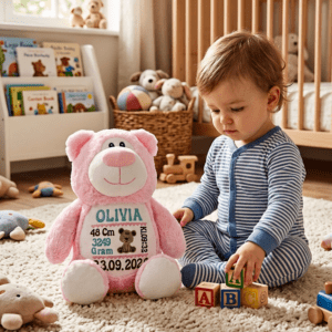 Rosa bamse med navn og dato brodert på magen sitter på gulvet i et barnerom sammen med et barn som leker med klosser.
