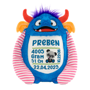 Monster bamse med navn og dato brodert på magen.