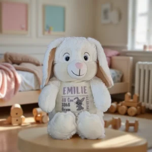 Hvit kanin bamse med navn og dato brodert på magen.