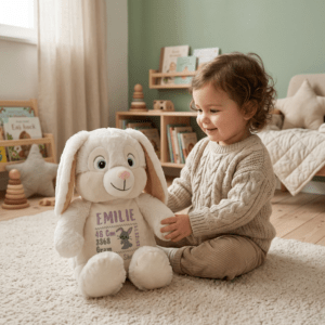 Hvit kanin bamse med navn og dato brodert på magen sitter på gulvet i et barnerom sammen med en liten jente.