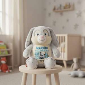 Kanin bamse med navn og dato brodert på magen sitter på en krakk i et barnerom.