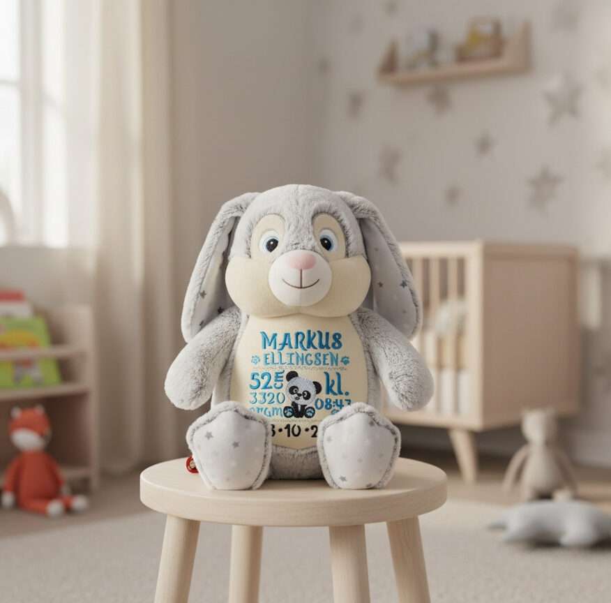 Kanin bamse med navn og dato brodert på magen sitter på en krakk i et barnerom.