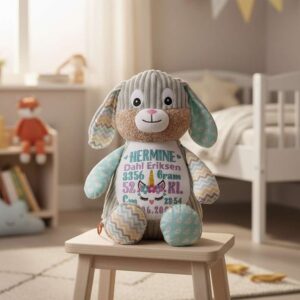 Kanin bamse med navn og dato brodert på magen sitter på en krakk i et barnerom.
