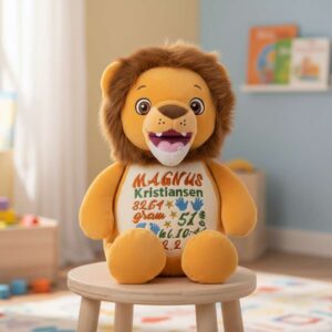 Løve bamse med navn og dato brodert på magen sitter på krakk i et barnerom.