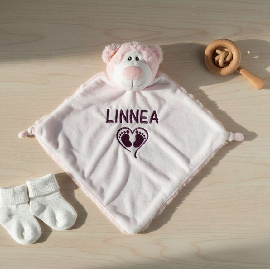 Rosa bamse koseklut med brodert navn.