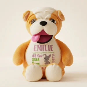 Bulldog bamse med navn og dato brodert på magen.