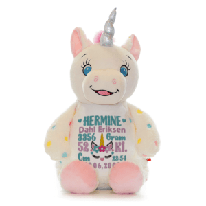Enhjørning bamse med navn og dato brodert på magen.