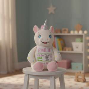 Enhjørning bamse med navn og dato signatur. Sitter på en krakk i et barenrom.