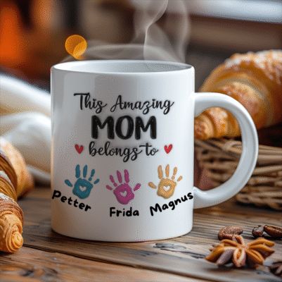 kopp til mamma med navn på barna og barnehender.