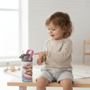 Drikkeflaske til barn med navn og highland cow i badering.