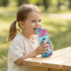 Drikkeflaske til barn med navn og havfruer trykk.