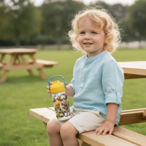 Drikkeflaske til barn med navn og et trykk av highland cow.