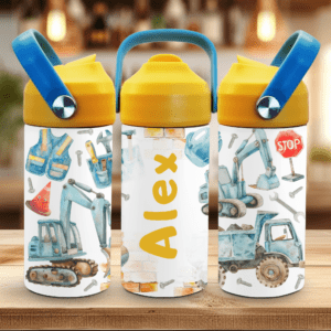 Drikkeflaske med navn til barn og lastebil design.