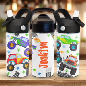 Drikkeflaske til barn med navn og monster truck motiv.