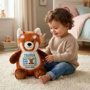 Panda bamse med navn og dato brodert på magen sitter på gulvet i et barnerom sammen med en liten gutt.
