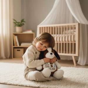 Hund bamse med navn og dato sitter i armene til en liten gutt. Begge sitter på gulvet i et barnerom.