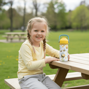 Jente med drikkeflaske med navn og bie motiv.
