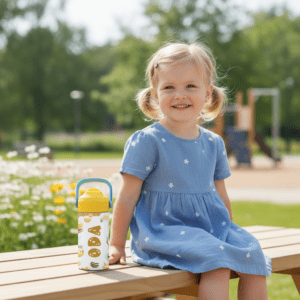 Jente med drikkeflaske med navn og bie motiv.