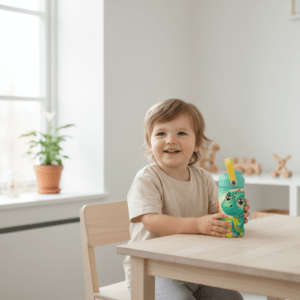 Barn med drikkeflaske med navn og dinosaurus trykk.