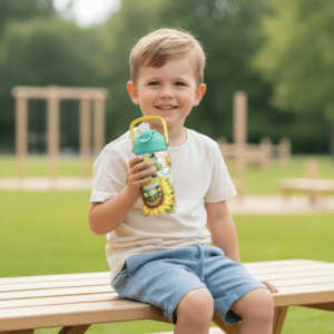 Gutt med drikkeflaske til barn med navn og froske motiv.