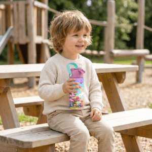 Barneflaske med navn og dinosaurus design.