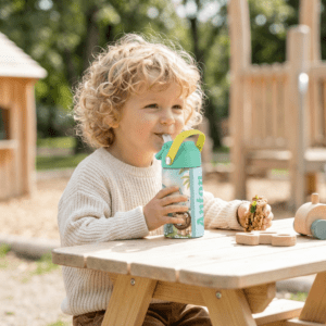 Barn med drikkeflaske til barn med navn og safari design.