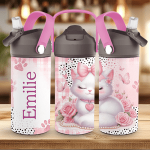 Drikkeflaske til barn med navn og pusekatt design.