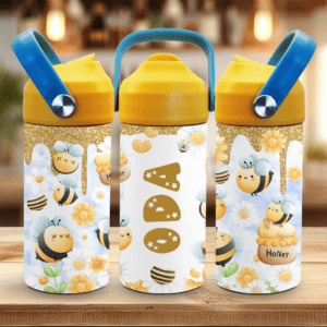 Drikkeflaske til barn med navn og bie motiv.