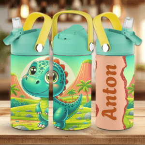 Drikkeflaske til barn med navn og dinosaurus trykk.