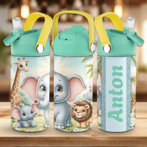 Drikkeflaske til barn med navn og elefant trykk.