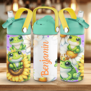 Drikkeflaske til barn med froske motiv.