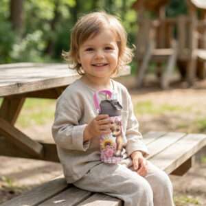 Jente med drikkeflaske med navn og ponni trykk