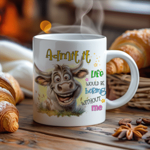 Morsom kopp med blid ku og teksten “Admit it, life would be boring without me” – humoristisk kaffekopp 330 ml