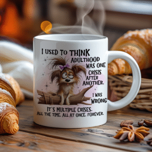 Kopp med morsom tekst om voksenlivet.