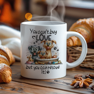 Kopp med morsom tekst og en gjeng herlige hunder.