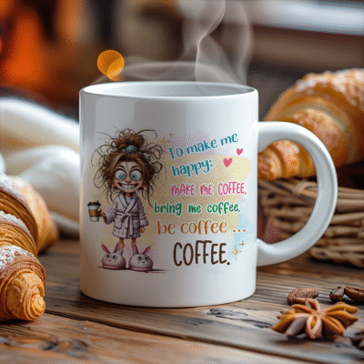 Kopp med morsom tekst desperat etter kaffe.