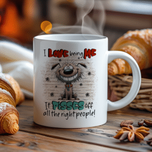 Kopp med morsom tekst og en morsom tegning.