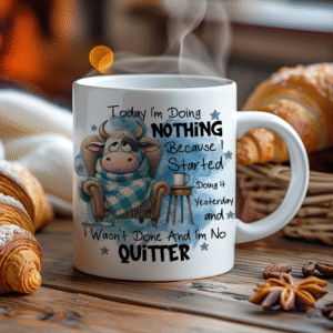 Kopp med morsom tekst og humoristisk tegning.