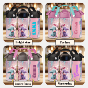 Drikkeflasker til barn med navn som viser de forskjellige fontene.