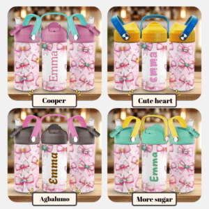 Drikkeflasker til barn med navn som viser de forskjellige fontene.