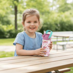 Drikkeflaske til barn med navn og rosa sløyfe design.