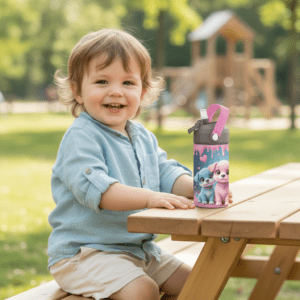 Drikkeflaske til barn med navn og valpe motiv.