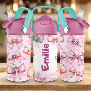 Drikkeflaske til barn med navn og rosa sløyfer