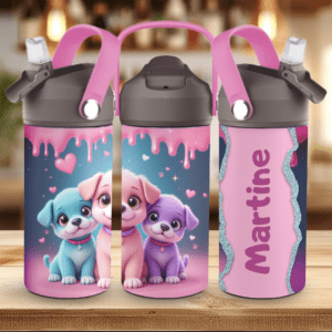 Drikkeflaske til barn med navn og valper trykk.
