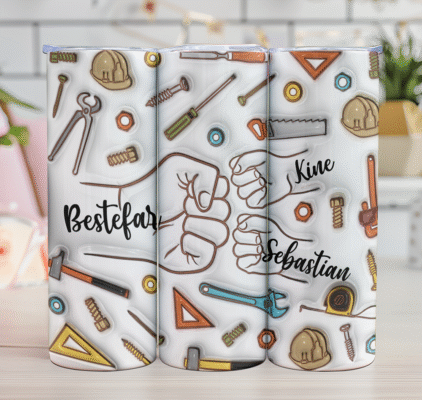 Gjør pappa glad! Tumbler med 1–6 barnehender og navn. Rustfritt stål, to lokk og lang varme/kulde-holdbarhet.