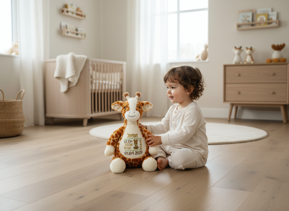 En liten gutt sitter på gulvet i et barnerom sammen med sin bamse med brodert navn og dato på magen.