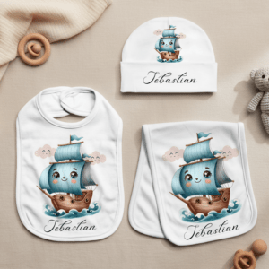 babysett med navn som inneholder lue,smekke og gulpeklut.