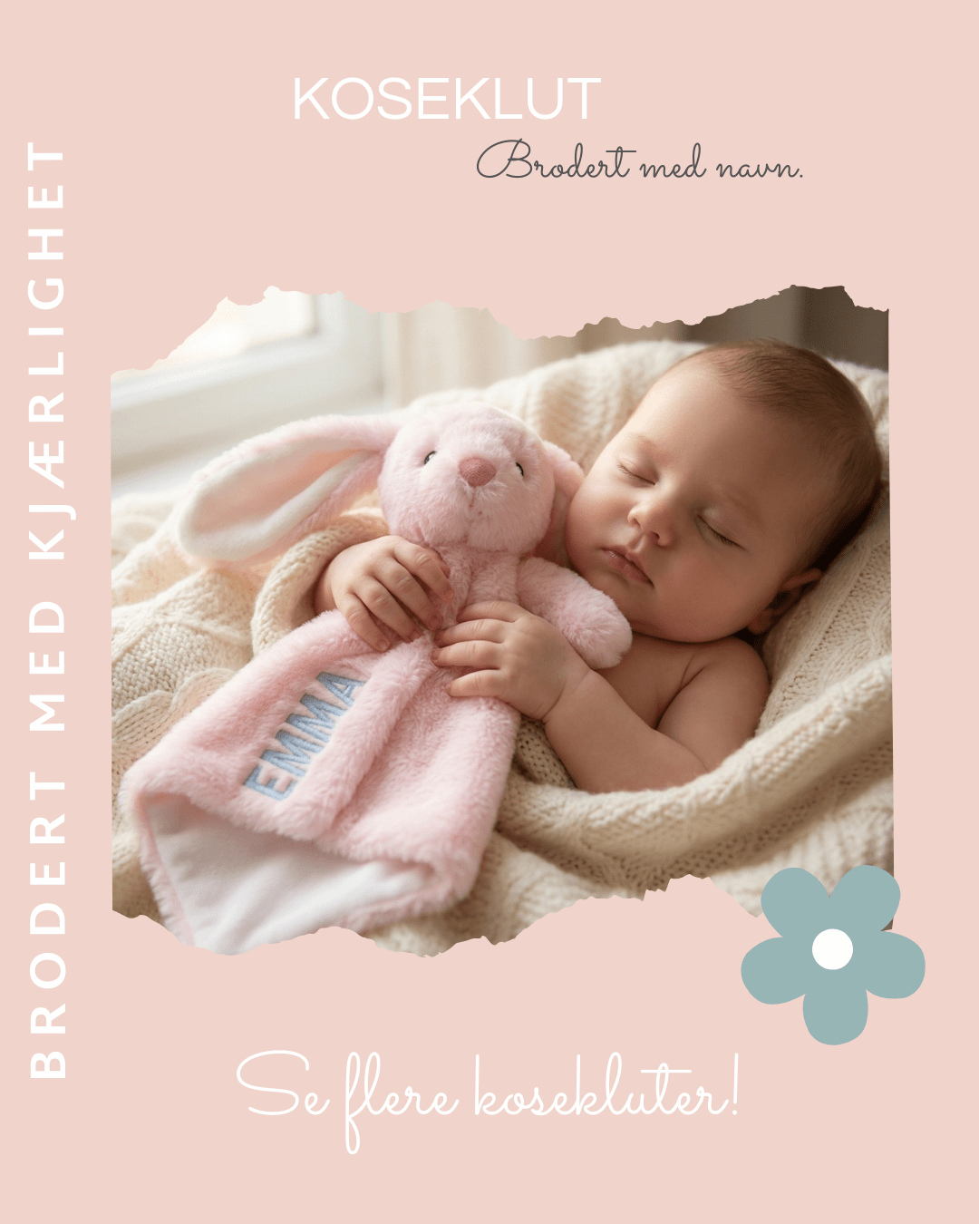 Koseklut med brodert navn i fanget på en liten baby som sover.