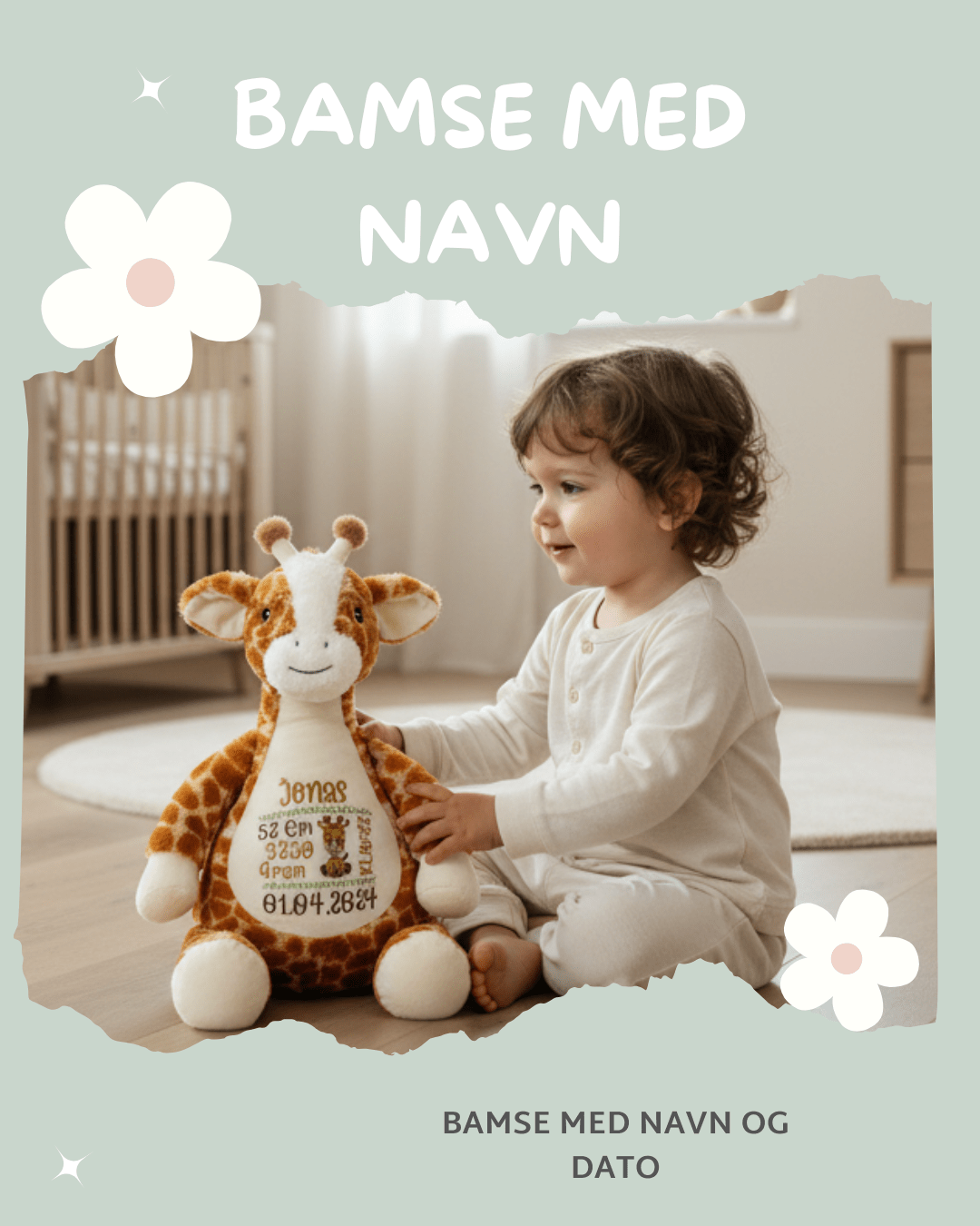 Sjiraff bamse med navn sitter på gulvet i barnerom med en liten gutt.